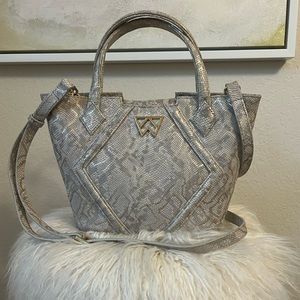 Kelly Wynne Cheers to Me Mini tote crossbody bag in grey/gold snakeskin